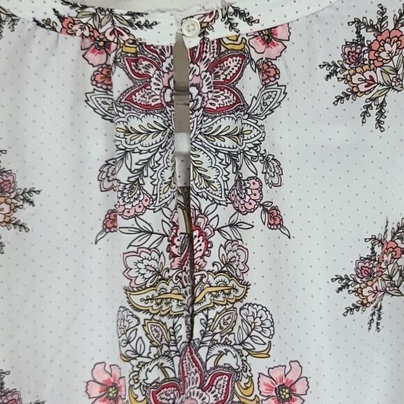LOFT Ivory Floral Shirred Shell Polka Dot Sleeveless Blouse Women's Keyhole Top - Picture 9 of 11